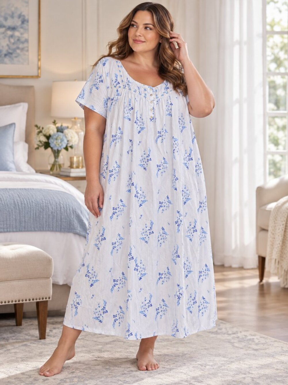 Carole Hochman 3X Cotton Blue Floral Lace Trim Long Nightgown White